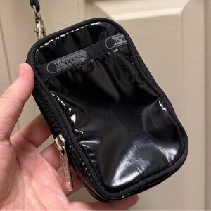 LeSportsac Black Shine Nylon Phone Pouch with Pocket and Strap